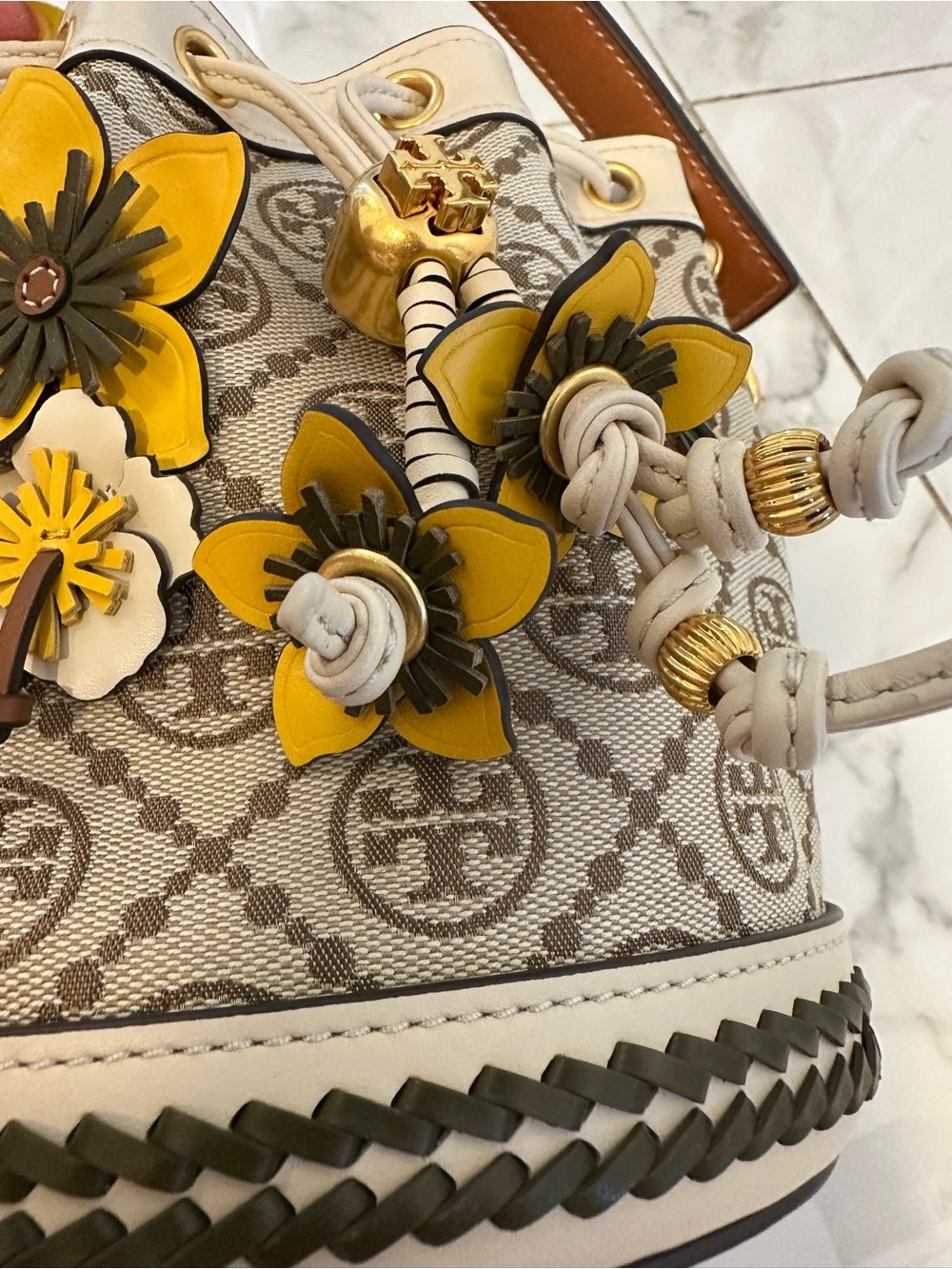 Tory Burch T Monogram Braided Floral Mini Bucket Bag - Picture 9 of 16